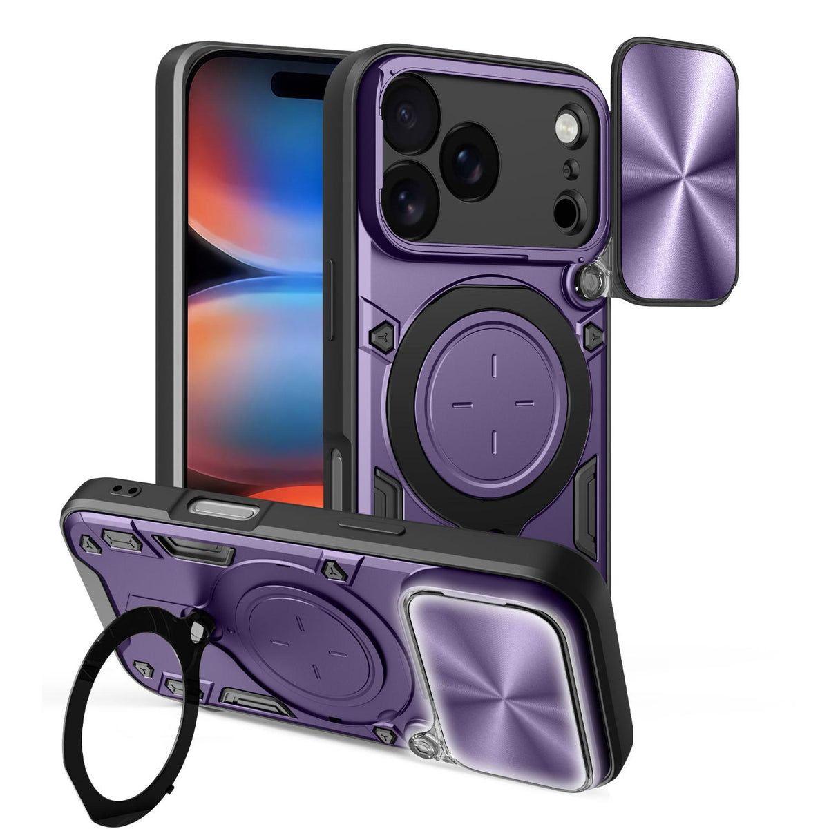 Compatible with iPhone 18 Pro CD Texture Sliding Camshield Magnetic Holder Phone Case - Purple