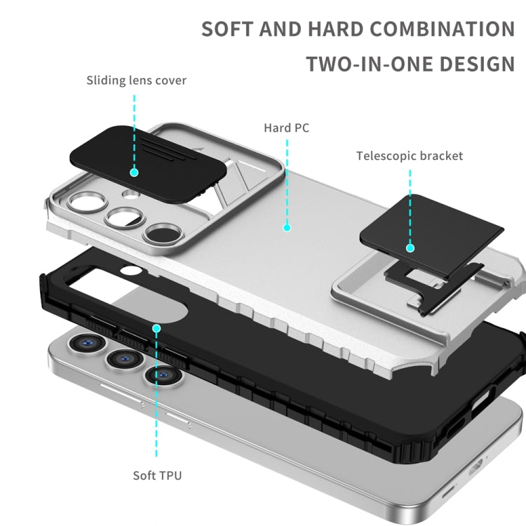 For Samsung Galaxy S24 5G Stereoscopic Holder Sliding Camshield Phone Case(White)
