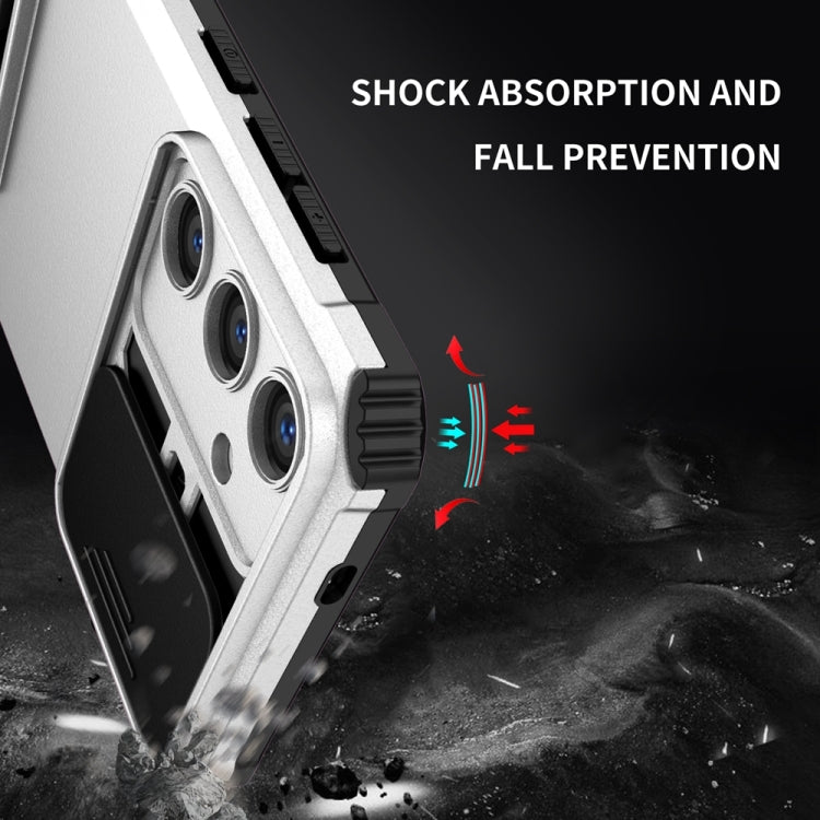 For Samsung Galaxy S24 5G Stereoscopic Holder Sliding Camshield Phone Case(White)