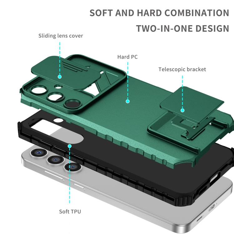 For Samsung Galaxy S24 5G Stereoscopic Holder Sliding Camshield Phone Case(Green)