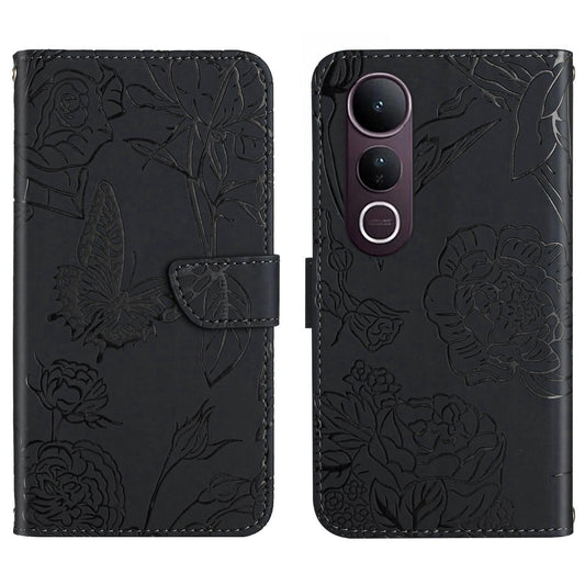 For vivo V50 Lite 5G HT03 Skin Feel Butterfly Embossed Flip Leather Phone Case(Black)