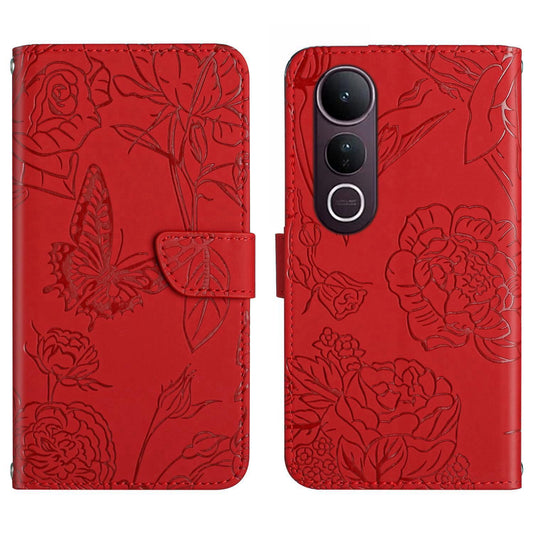 For vivo V50 Lite 5G HT03 Skin Feel Butterfly Embossed Flip Leather Phone Case(Red)