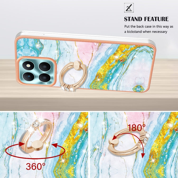 For Honor X6a Electroplating Marble IMD TPU Phone Case with Ring Holder(Green 004)