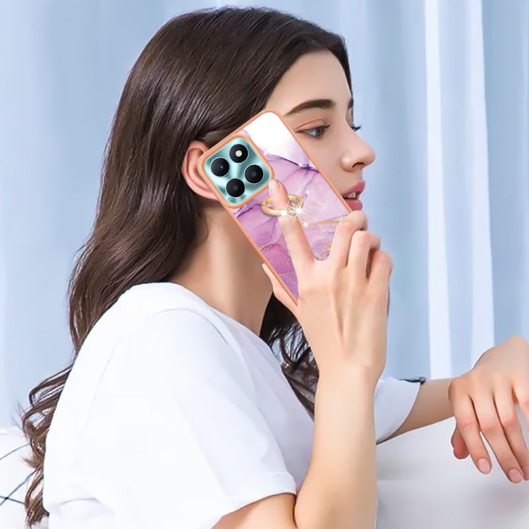 For Honor X6a Electroplating Marble IMD TPU Phone Case with Ring Holder(Purple 001)