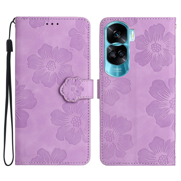 For Honor 90 Lite Flower Embossing Pattern Leather Phone Case(Purple)