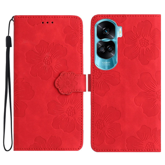 For Honor 90 Lite Flower Embossing Pattern Leather Phone Case(Red)