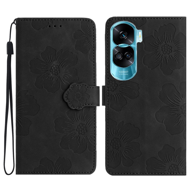 For Honor 90 Lite Flower Embossing Pattern Leather Phone Case(Black)
