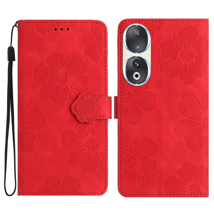 For Honor 90 Flower Embossing Pattern Leather Phone Case(Red)
