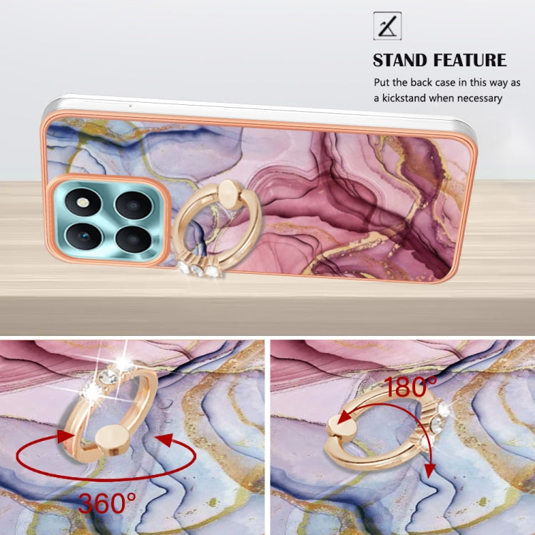 For Honor X6a Electroplating Marble Dual-side IMD Phone Case with Ring(Rose Red 014)