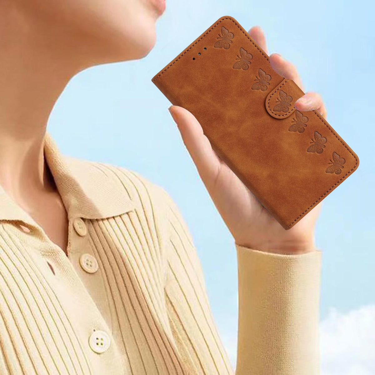 Compatible with iPhone 18 Pro Max & 17 Pro Max Seven Butterflies Embossed Leather Phone Case - Brown