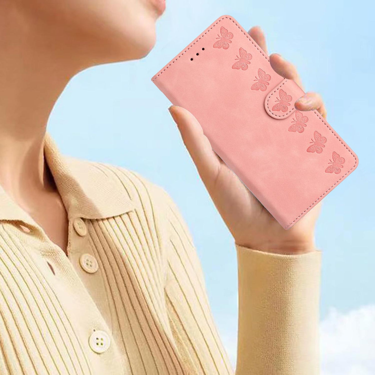 Compatible with iPhone 18 Pro Max & 17 Pro Max Seven Butterflies Embossed Leather Phone Case - Pink