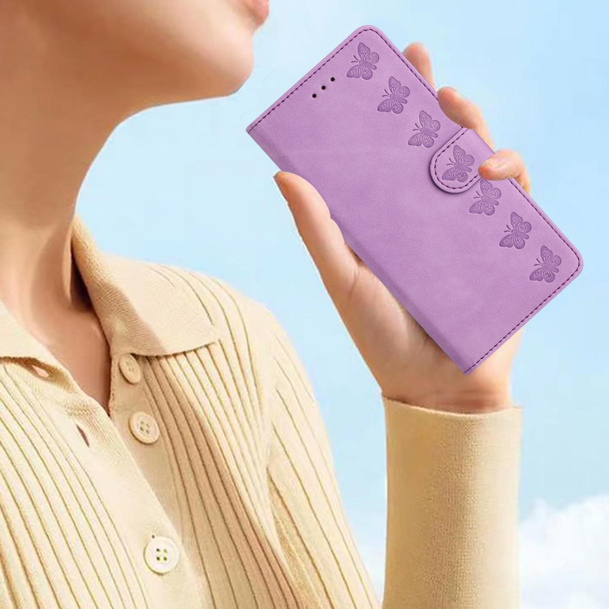 Compatible with iPhone 18 Pro Max & 17 Pro Max Seven Butterflies Embossed Leather Phone Case - Purple
