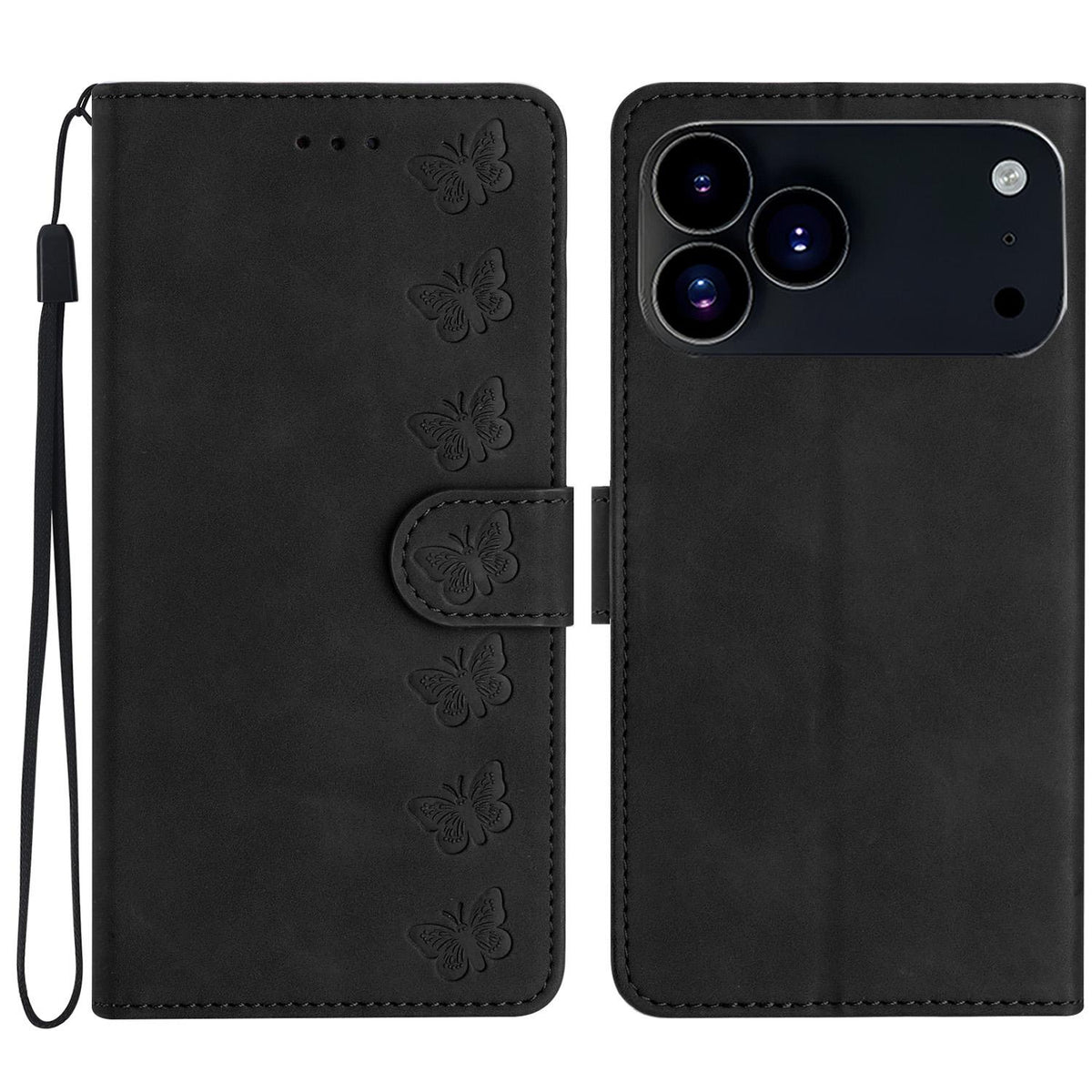 Compatible with iPhone 18 Pro Max & 17 Pro Max Seven Butterflies Embossed Leather Phone Case - Black