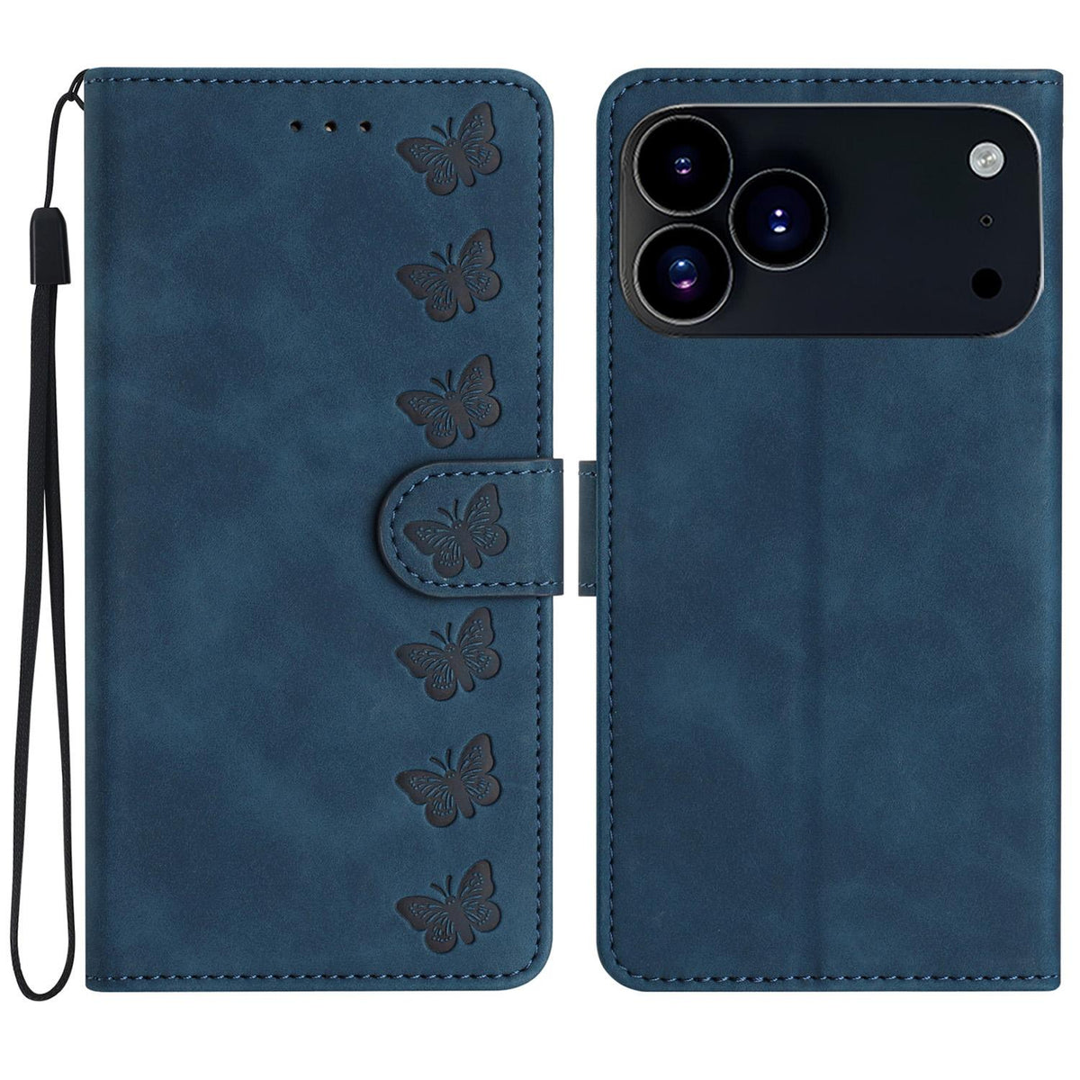 Compatible with iPhone 18 Pro Max & 17 Pro Max Seven Butterflies Embossed Leather Phone Case - Blue