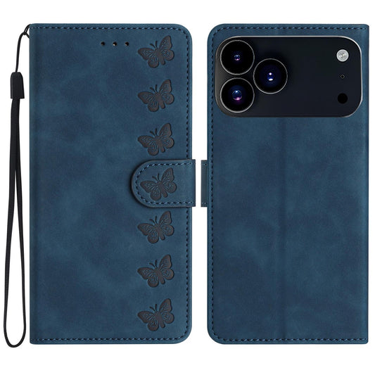 Compatible with iPhone 18 Pro Max & 17 Pro Max Seven Butterflies Embossed Leather Phone Case - Blue