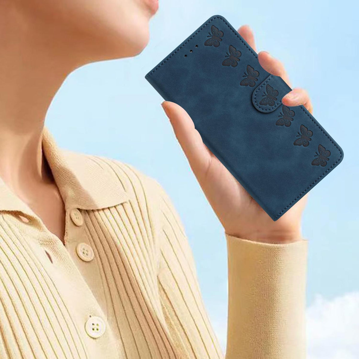 Compatible with iPhone 18 Pro Max & 17 Pro Max Seven Butterflies Embossed Leather Phone Case - Blue