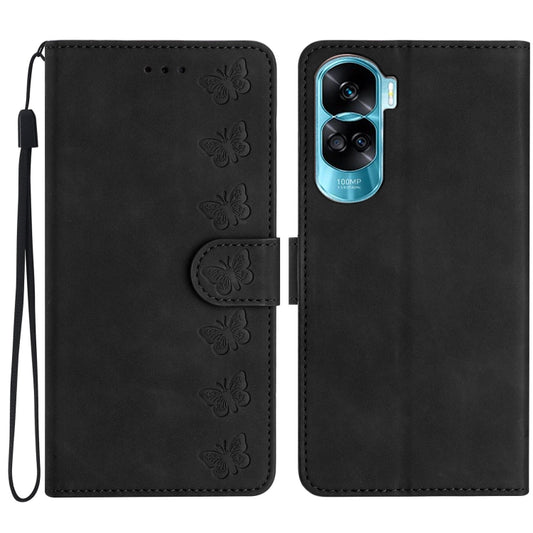 For Honor 90 Lite Seven Butterflies Embossed Leather Phone Case(Black)