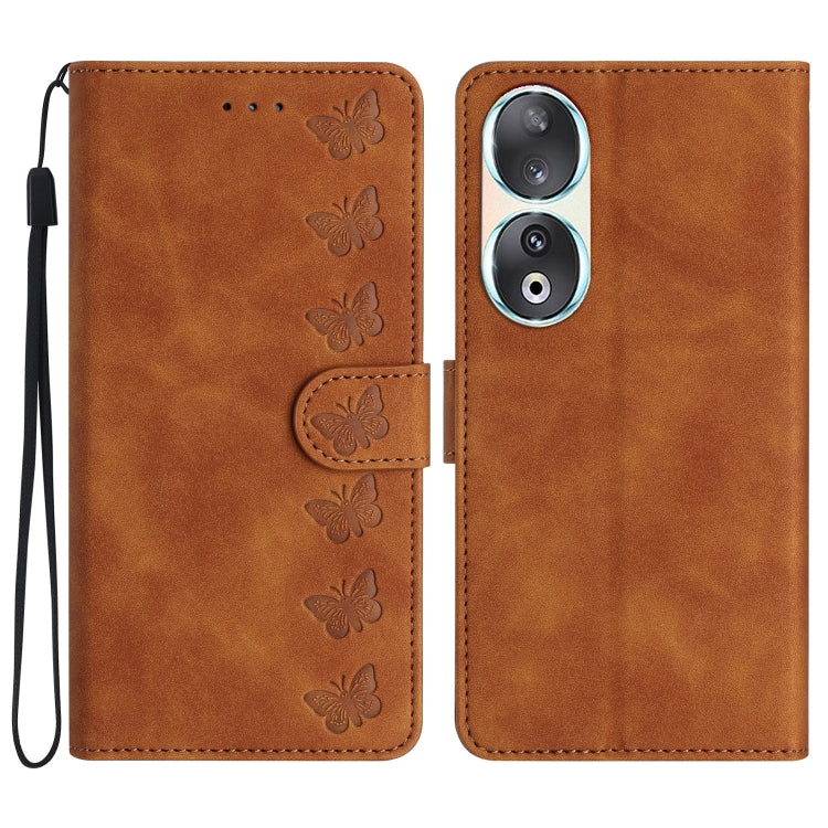 For Honor 90 Seven Butterflies Embossed Leather Phone Case(Brown)