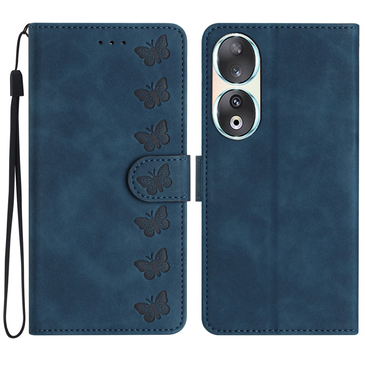 For Honor 90 Seven Butterflies Embossed Leather Phone Case(Blue)