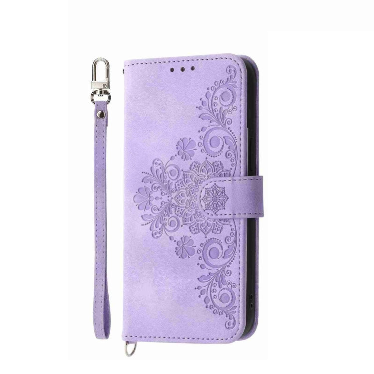 For Honor 100 Skin-feel Flowers Embossed Wallet Leather Phone Case(Purple)