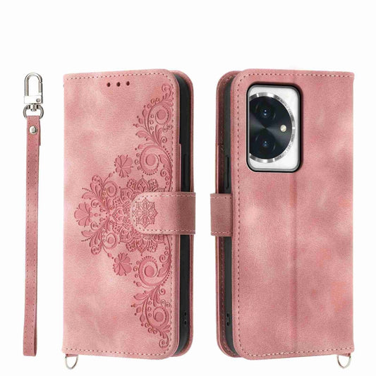 For Honor 100 Skin-feel Flowers Embossed Wallet Leather Phone Case(Pink)