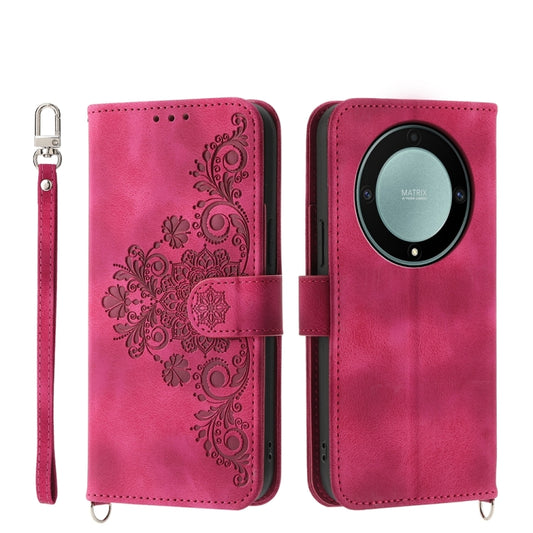 For Honor X9a Skin-feel Flowers Embossed Wallet Leather Phone Case(Wine Red)