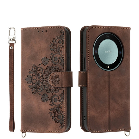 For Honor X9a Skin-feel Flowers Embossed Wallet Leather Phone Case(Brown)