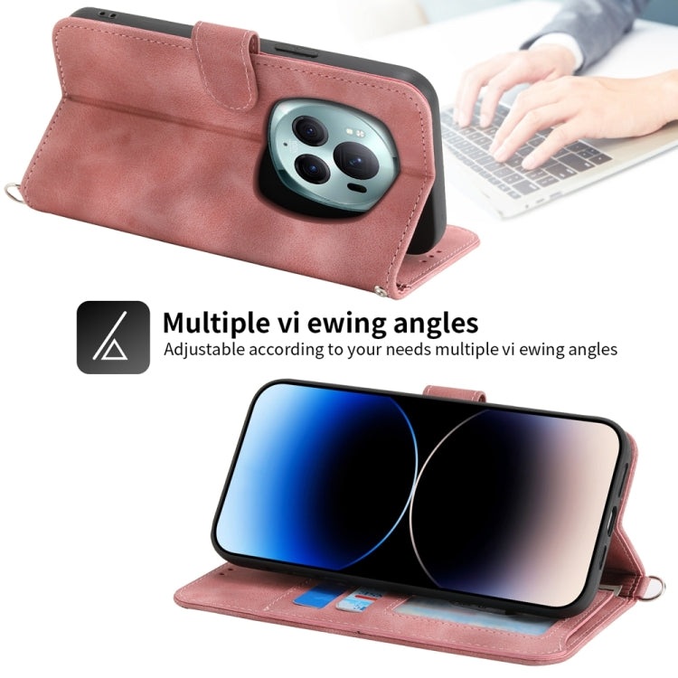 For Honor Magic6 Pro Skin-feel Flowers Embossed Wallet Leather Phone Case(Pink)