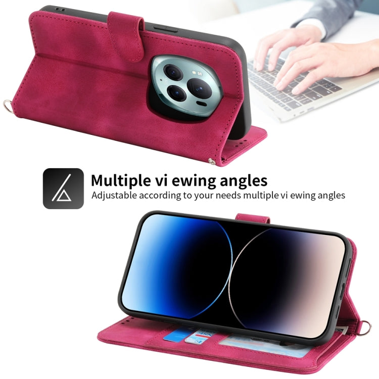 For Honor Magic6 Pro Skin-feel Flowers Embossed Wallet Leather Phone Case(Wine Red)