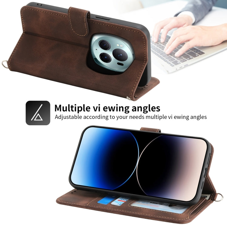 For Honor Magic6 Pro Skin-feel Flowers Embossed Wallet Leather Phone Case(Brown)