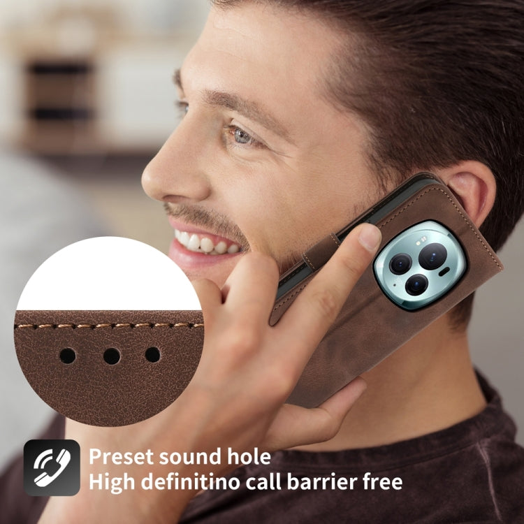 For Honor Magic6 Pro Skin-feel Flowers Embossed Wallet Leather Phone Case(Brown)