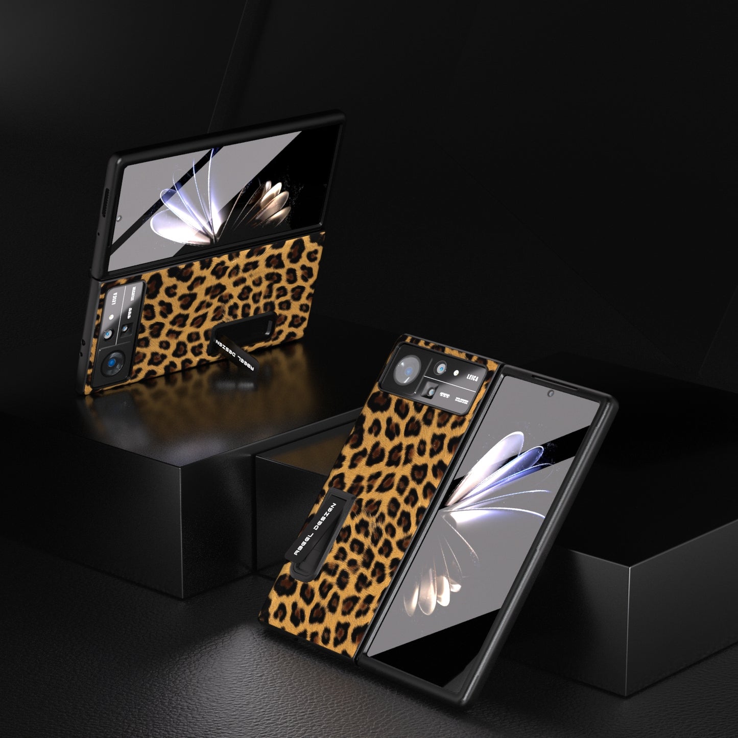 For Xiaomi Mix Fold 2 Integrated Black Edge Leopard Phone Case with Holder(Gold)