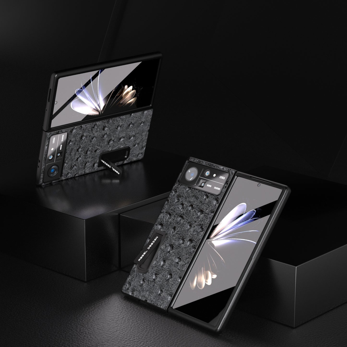 For Xiaomi Mix Fold 2 Integrated Genuine Leather Ostrich Texture Phone Case with Holder(Black)