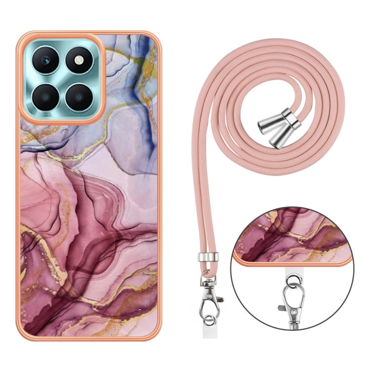 For Honor X6a Electroplating Marble Dual-side IMD Phone Case with Lanyard(Rose Red 014)