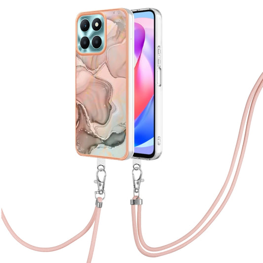 For Honor X6a Electroplating Marble Dual-side IMD Phone Case with Lanyard(Rose Gold 015)