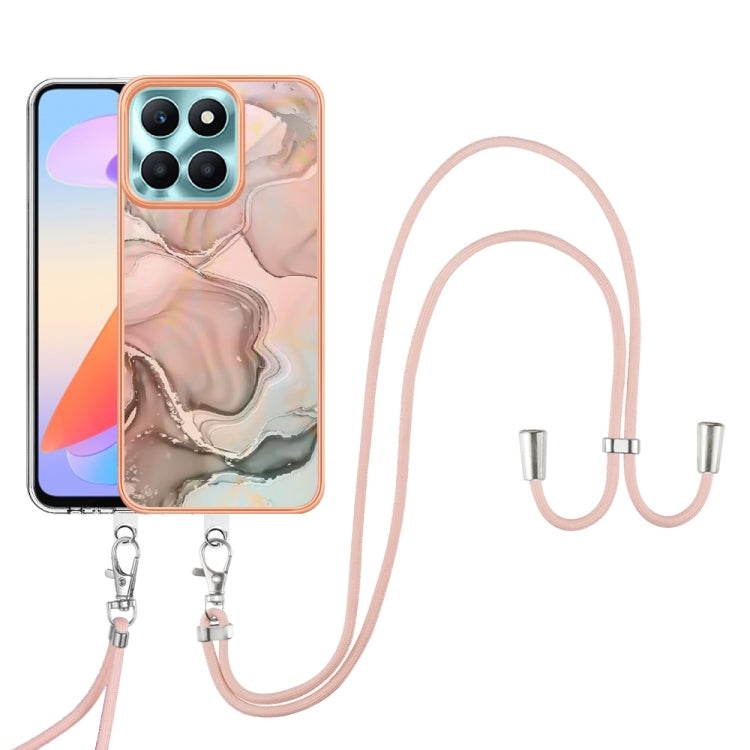 For Honor X6a Electroplating Marble Dual-side IMD Phone Case with Lanyard(Rose Gold 015)