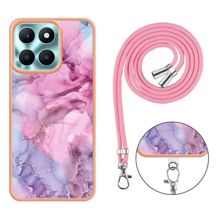 For Honor X6a Electroplating Marble Dual-side IMD Phone Case with Lanyard(Pink 013)