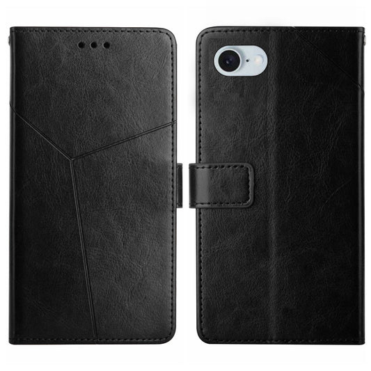 For iPhone 16e HT01 Y-shaped Pattern Flip Leather Phone Case(Black)