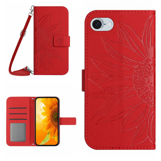 For iPhone 16e Skin Feel Sun Flower Embossed Flip Leather Phone Case with Lanyard(Red)