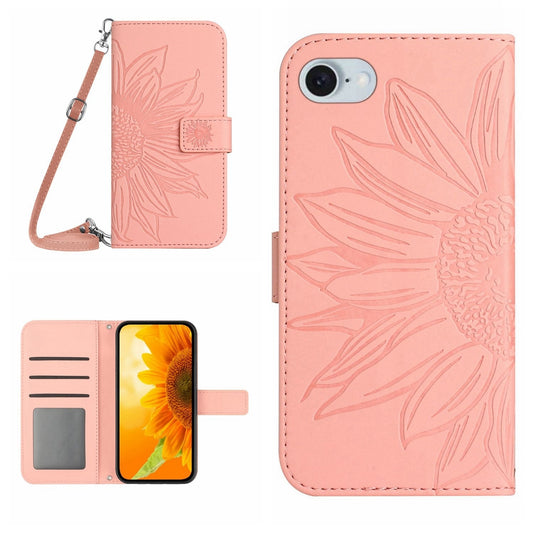 For iPhone 16e Skin Feel Sun Flower Embossed Flip Leather Phone Case with Lanyard(Pink)