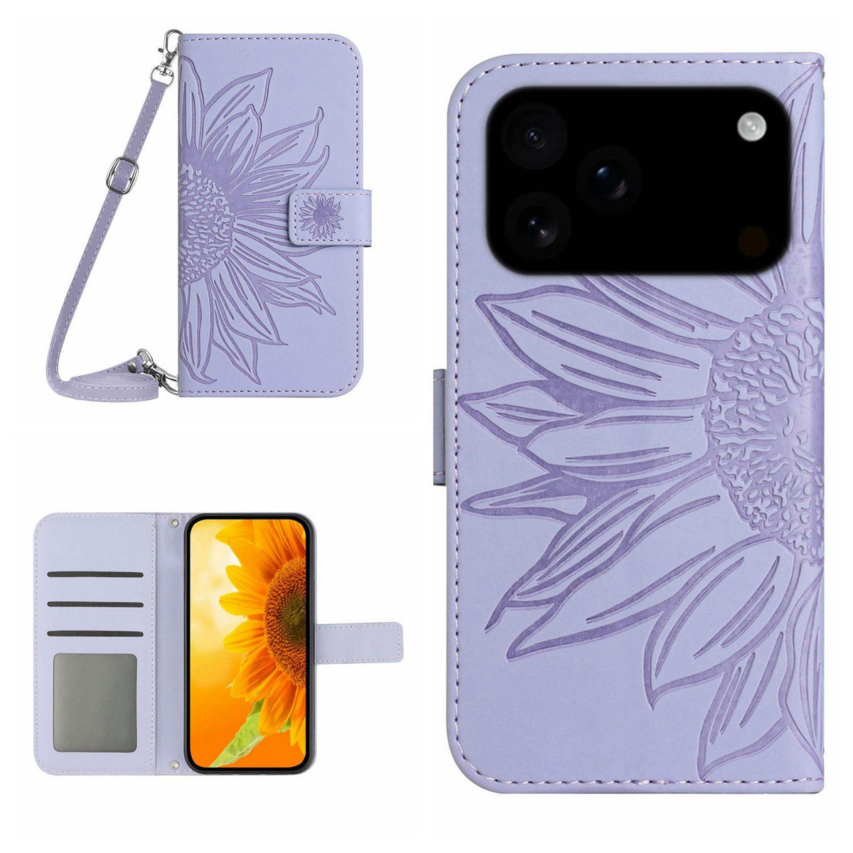 Compatible with iPhone 18 Pro Max & 17 Pro Max Skin Feel Sun Flower Embossed Flip Leather Phone Case with Lanyard - Purple