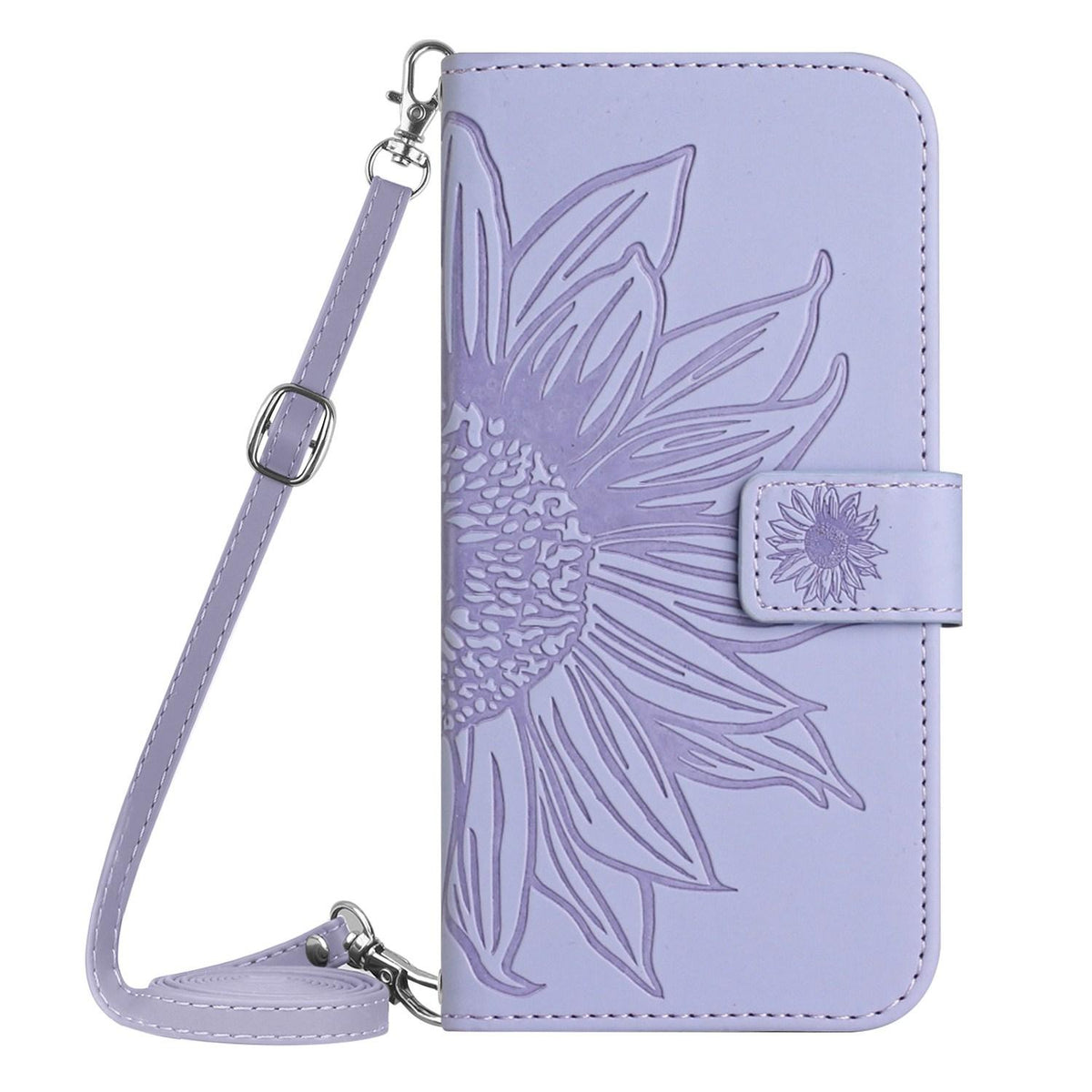 Compatible with iPhone 18 Pro Max & 17 Pro Max Skin Feel Sun Flower Embossed Flip Leather Phone Case with Lanyard - Purple