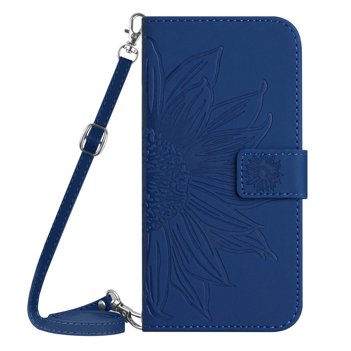 Compatible with iPhone 18 Pro Max & 17 Pro Max Skin Feel Sun Flower Embossed Flip Leather Phone Case with Lanyard - Dark Blue