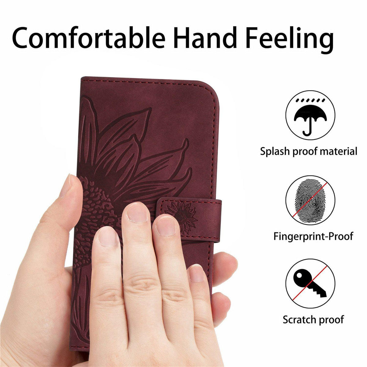Compatible with iPhone 18 Pro Max & 17 Pro Max Skin Feel Sun Flower Embossed Flip Leather Phone Case with Lanyard - Wine Red