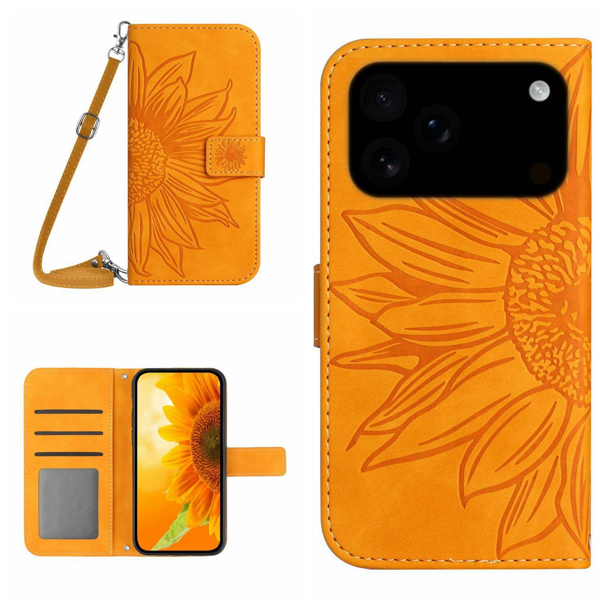 Compatible with iPhone 18 Pro Max & 17 Pro Max Skin Feel Sun Flower Embossed Flip Leather Phone Case with Lanyard - Yellow