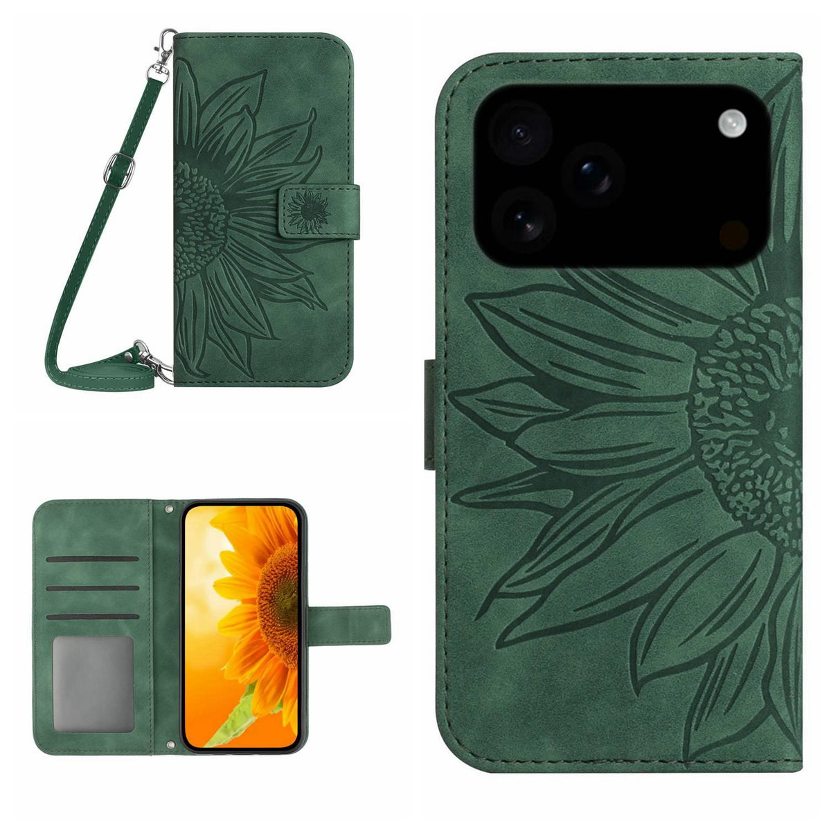 Compatible with iPhone 18 Pro Max & 17 Pro Max Skin Feel Sun Flower Embossed Flip Leather Phone Case with Lanyard - Green