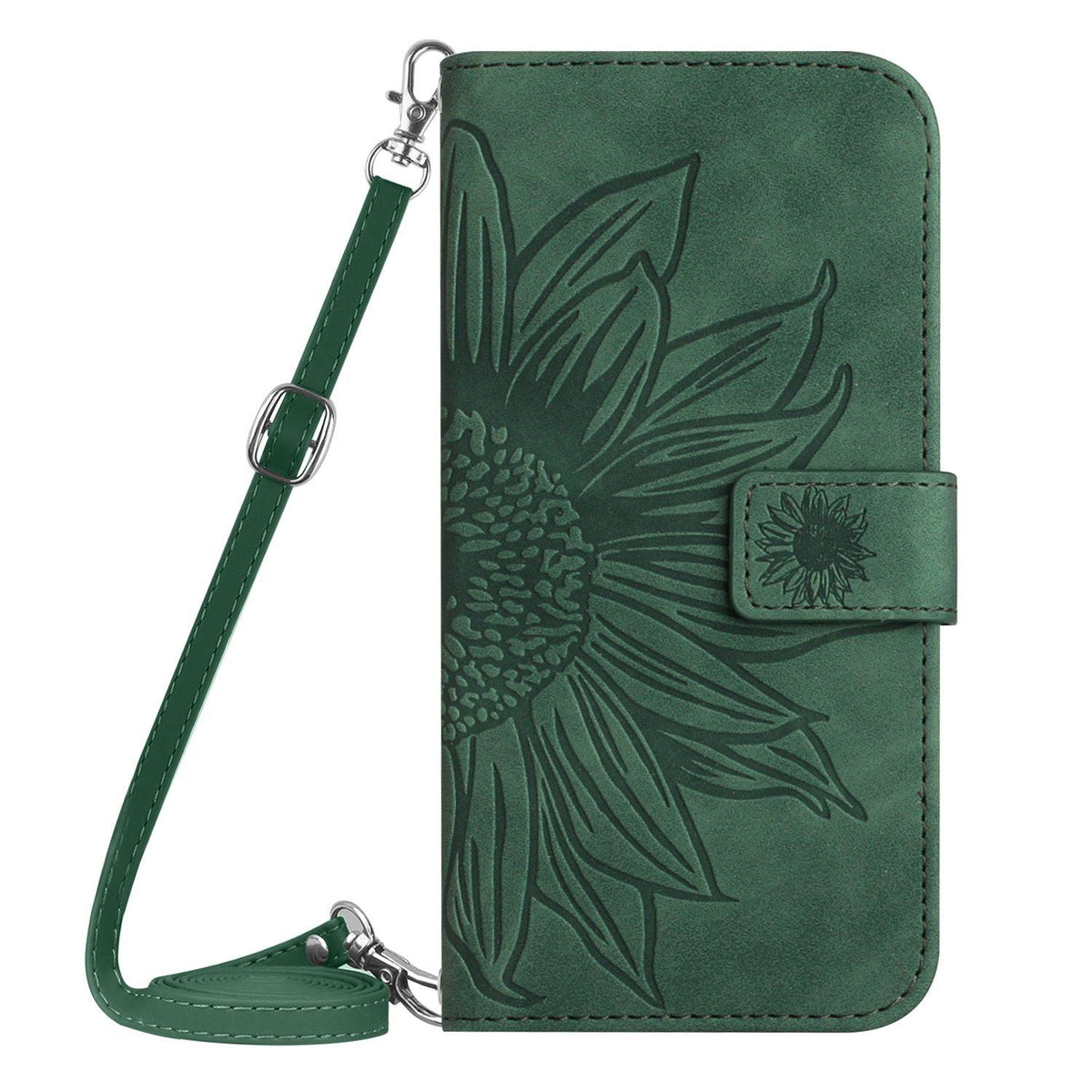 Compatible with iPhone 18 Pro Max & 17 Pro Max Skin Feel Sun Flower Embossed Flip Leather Phone Case with Lanyard - Green
