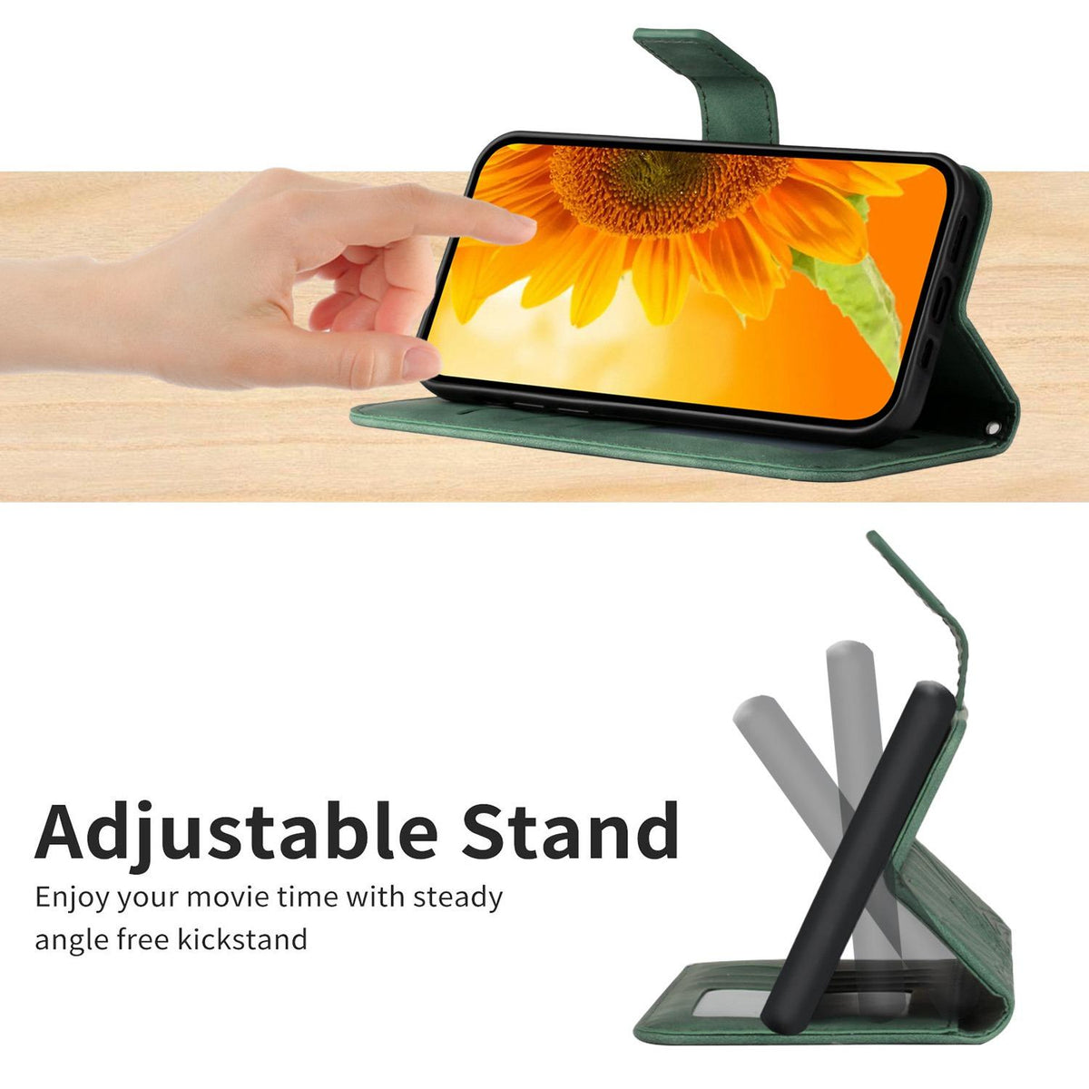 Compatible with iPhone 18 Pro Max & 17 Pro Max Skin Feel Sun Flower Embossed Flip Leather Phone Case with Lanyard - Green