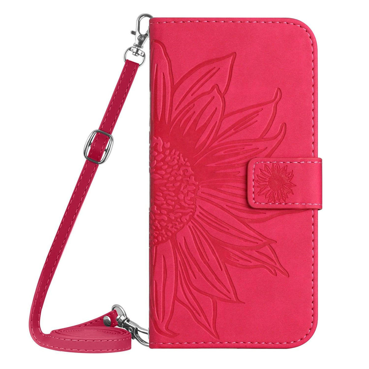 Compatible with iPhone 18 Pro Max & 17 Pro Max Skin Feel Sun Flower Embossed Flip Leather Phone Case with Lanyard - Rose Red