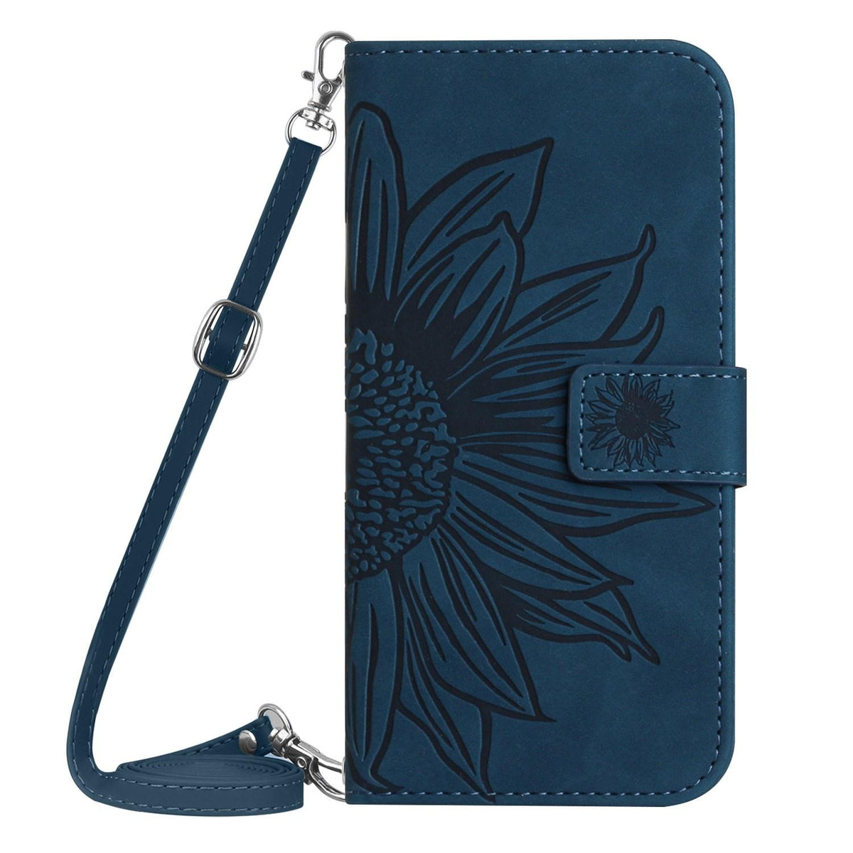 Compatible with iPhone 18 Pro Max & 17 Pro Max Skin Feel Sun Flower Embossed Flip Leather Phone Case with Lanyard - Inky Blue